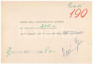 Autografo originale 1938 CICLISMO MILANO Ricevuta Angelo TOSI per ingaggio VIGORELLI AUTOGRAFO 1