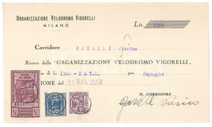 Autografo originale 1943 CICLISMO MILANO Ricevuta Pierino FAVALLI per ingaggio VIGORELLI  AUTOGRAFO 1
