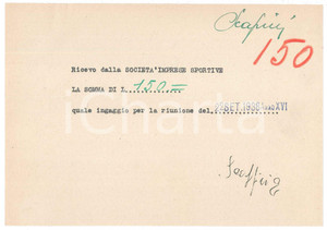 Autografo originale 1938 CICLISMO MILANO Vigorelli  Ricevuta Edgar SCAPPINI per gara AUTOGRAFO 1