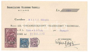 Autografo originale 1943 CICLISMO Milano  Ricevuta Olimpio BIZZI per ingaggio VIGORELLI  AUTOGRAFO 1
