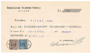 Autografo originale 1943 CICLISMO MILANO Ricevuta Mario VICINI per ingaggio VIGORELLI  AUTOGRAFO 1