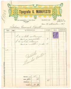 Documento originale, autentico 1938 MILANO Tipografia IL MANIFESTO  Fattura per cartelli CICLISMO Vigorelli 1