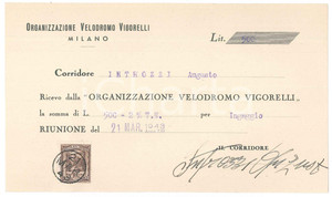 Autografo originale 1943 CICLISMO MILANO Ricevuta Augusto INTROZZI per ingaggio VIGORELLI AUTOGRAFO 1