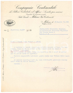 Documento originale, autentico 1943 CICLISMO MILANO  Compagnia Continentale Sellerie  Lettera premi gara 1