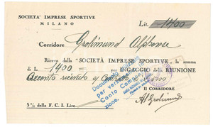 Autografo originale 1942 CICLISMO MILANO  Ricevuta Alfonso GROLIMUND per corsa AUTOGRAFO 1