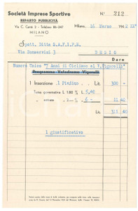 Documento originale, autentico 1942 MILANO SocietÃ  Imprese Sportive  Ricevuta per pubblicitÃ  a Ditta SAFIPE 1