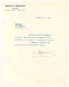 Autografo originale 1942 MILANO CICLISMO Lettera Erminio MERGIANI per tessera Vigorelli  Autografo 1