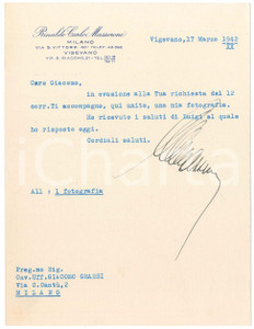 Manoscritto, lettera originale 1942 VIGEVANO CICLISMO Lettera Rinaldo Carlo MASSERONI per tessera Vigorelli 1