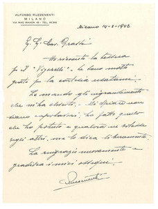 Autografo originale 1942 MILANO CICLISMO Lettera gen. Alfonso RUZZENENTI per tessera Vigorelli 1