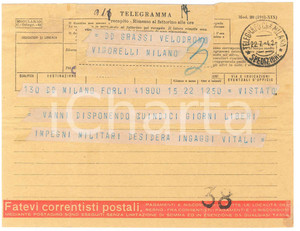 Documento originale, autentico 1942 CICLISMO  FORLI   Telegramma Aldo VITALI per gara Dino VANNI 1