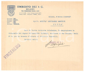 Documento originale, autentico 1942 MILANO CICLISMO Lettera UMBERTO DEI & C Biciclette per tessera Vigorelli 1