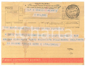 Documento originale, autentico 1942 CICLISMO  ROTTERDAM  Telegramma per visto ciclisti olandesi non pervenuto 1