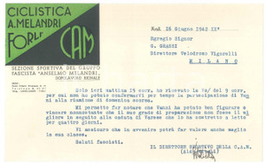 Autografo originale 1942 CICLISMO FORLI  Lettera Aldo VITALI  Gruppo Anselmo Melandri AUTOGRAFO 1