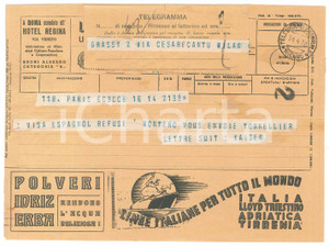 Documento originale, autentico 1938 CICLISMO  PARIGI Telegramma di Georges KAISER 23x17 cm 1