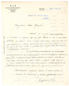 1942 MILANO CICLISMO Società Imprese Sportive - Lettera Guglielmo ROSSI per gara