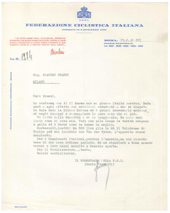 Manoscritto, lettera originale 1938 CICLISMO ROMA CONI  Lettera Mario FERRETTI su moderazione negli ingaggi 1
