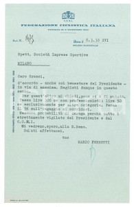 Manoscritto, lettera originale 1938 CICLISMO ROMA CONI  Lettera Mario FERRETTI Federazione Ciclistica Italiana 1