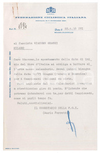 Manoscritto, lettera originale 1938 CICLISMO ROMA CONI  Mario FERRETTI e lo spostamento del Giro d Italia 1