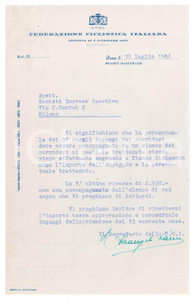 Manoscritto, lettera originale 1938 CICLISMO ROMA CONI Federazione Ciclistica Italiana  Lettera per ingaggi 1