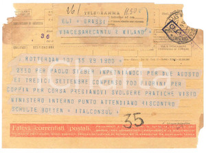 Documento originale, autentico 1938 CICLISMO  ROTTERDAM Telegramma ITALCONSUL per ingaggio Paolo SIEBER 1