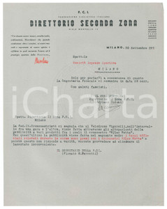Documento originale, autentico 1938 F.C.I. CICLISMO MILANO Lettera Direttorio Seconda Zona su falsa pubblicitÃ  1