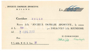 Autografo originale 1940 CICLISMO MILANO Ricevuta Enrico MOLLO  Ingaggio VIGORELLI Autografo 1