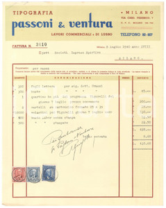 Documento originale, autentico 1940 MILANO Tipografi PASSONI & VENTURA Fattura per volantini con bollo 1