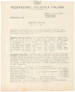 Documento originale, autentico 1938 CONI Federazione Ciclistica Italiana GIRO DEI TRE MARI Comunicato n. 26 1
