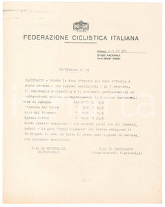 Documento originale, autentico 1938 CONI Federazione Ciclistica Italiana  Calendario gare CICLISMO Comunicato 1