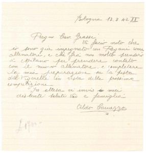 Autografo originale 1942 CICLISMO BOLOGNA Aldo CANAZZA e il nuovo allenatore PAGANI  AUTOGRAFO 1