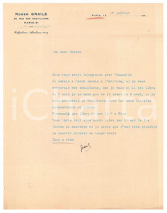 Autografo originale 1938 PARIS CICLISMO Lettera Roger GRAILE su corridori liberi per gara AUTOGRAFO 1