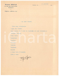 Autografo originale 1938 PARIS CICLISMO Lettera Roger GRAILE  Corridori liberi AUTOGRAFO 1