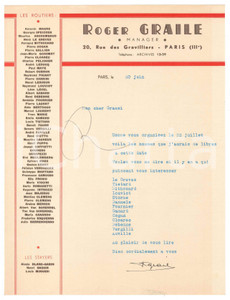 Autografo originale 1938 PARIS CICLISMO Roger GRAILE  Corridori liberi per gara a Milano AUTOGRAFO 1