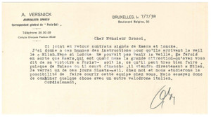 Autografo originale 1938 BRUXELLES CICLISMO A. VERSNICK su ingaggio KAERS e LONCKE  AUTOGRAFO 1