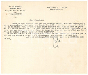 Autografo originale 1938 BRUXELLES CICLISMO A. VERSNICK su ingaggio corridori a Milano  AUTOGRAFO 1