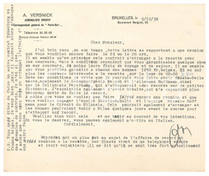 Autografo originale 1938 BRUXELLES CICLISMO A. VERSNICK propone corridori per Milano AUTOGRAFO 1