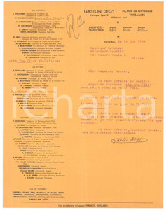 Autografo originale 1938 CICLISMO VERSAILLES Lettera Gaston DEGY per invio contratto Autografo 1