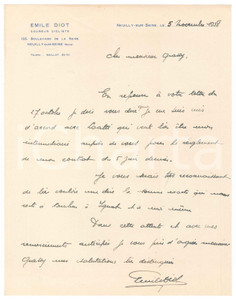 Autografo originale 1938 CICLISMO NEUILLYSURSEINE Emile DIOT nomina LOATTI intermediario AUTOGRAFO 1