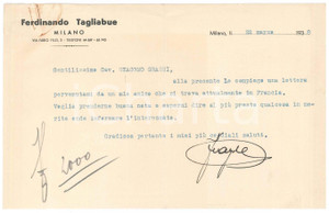 Autografo originale 1938 MILANO CICLISMO Lettera Ferdinando TAGLIABUE manager Autografo 1