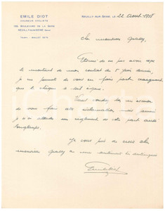Autografo originale 1938 CICLISMO NEUILLYSURSEINE Emile DIOT chiede saldo del contratto AUTOGRAFO 1