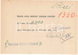 Autografo originale 1938 CICLISMO MILANO Ricevuta Olimpio BIZZI per ingaggio VIGORELLI AUTOGRAFO 1