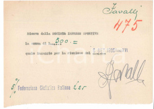 Autografo originale 1938 CICLISMO MILANO Ricevuta Pierino FAVALLI per ingaggio VIGORELLI AUTOGRAFO 1