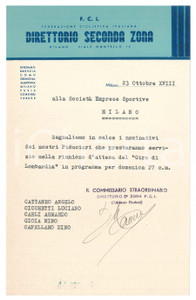 Documento originale, autentico 1940 CICLISMO MILANO Direttorio Seconda Zona  Fiduciari al Giro di Lombardia 1
