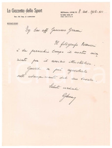 Autografo originale 1938 MILANO LA GAZZETTA DELLO SPORT Lettera GHEA Angelo GHEZZI AUTOGRAFO 1