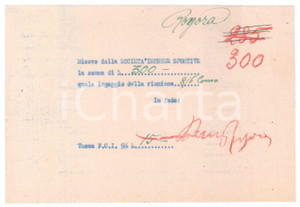 Autografo originale 1940 ca CICLISMO COMO Ricevuta Bernardo ROGORA per ingaggio  AUTOGRAFO 1