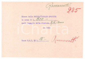 Autografo originale 1940 ca CICLISMO COMO Ricevuta Carlo ROMANATTI per ingaggio  AUTOGRAFO 1