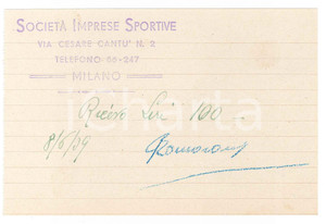 Autografo originale 1939 CICLISMO MILANO Ricevuta Carlo ROMANATTI per ingaggio  AUTOGRAFO 1