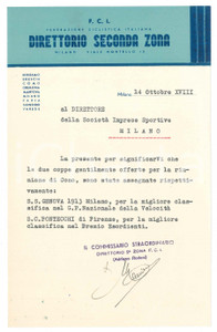 Documento originale, autentico 1940 CICLISMO MILANO Direttorio Seconda Zona  Coppe per gara di COMO 1