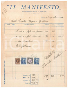 Documento originale, autentico 1940 MILANO Tipografia IL MANIFESTO  Fattura locandine CICLISMO 1