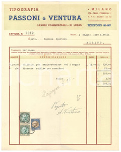 Documento originale, autentico 1940 MILANO Tipografi PASSONI & VENTURA Fattura per manifestazione CICLISMO 1